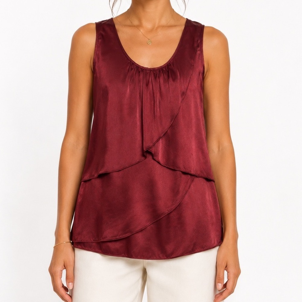 Talbots 100%‎ Silk Tiered Ruffle Tank Blouse Burgundy Wine Scoop Neck 4 Elevated